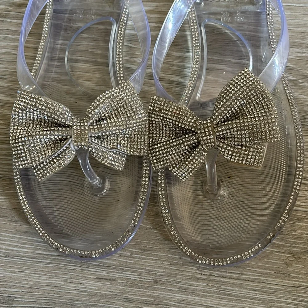 Clear jewel rimmed gel thong slippers with jeweled bows women’s size 8 - Picture 9 of 9